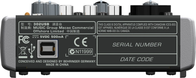 Behringer 302USB аналоговый микшер, 3 канала, 1 мик. + 1 лин. стерео, USB-audio, Main L/R- RCA