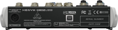 Behringer Q802USB аналоговый микшер, 6 каналов, 2 мик. + 2 лин. cтерео + 1 AUX RET, 1 AUX, USB-audio, Main L/R- Jack, 2 компрессора