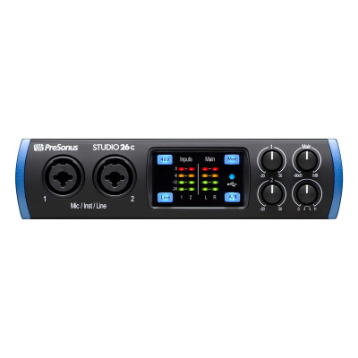 PreSonus Studio 26C аудио/MIDI интерфейс, USB-C 2.0, 2 вх/4 вых каналов, предусилители XMAX, до 24 бит/192кГц, MIDI I/O, ПО StudioLive Artist