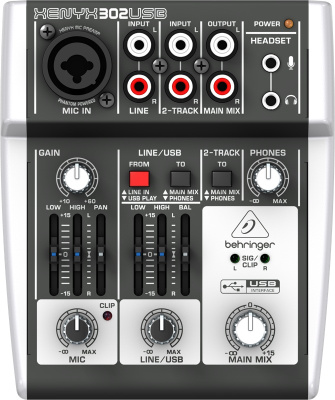 Behringer 302USB аналоговый микшер, 3 канала, 1 мик. + 1 лин. стерео, USB-audio, Main L/R- RCA