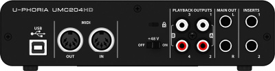 Behringer UMC204HD внешний звуковой/MIDI интерфейс, USB 2.0 , 2 вх/4 вых канала, предусилители MIDAS