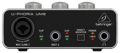 Behringer UM2 внешний звуковой интерфейс, USB2.0, 1 мик/лин вх, 1 инструментальный вх, лин стереовыход