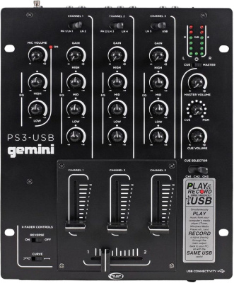 Gemini PS3-USB  DJ микшер 3 канала LINE/PHONO + MIC  вход , USB выход