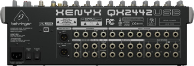 Behringer QX2442USB аналоговый микшер, 16 каналов, 8 мик.+2 мик.моно/лин. стер.+ 2 лин.стер.+ 4 AUX RET, 4 AUX, 2 GROUP, FX KlarkTeknik LCD, 8 компр.